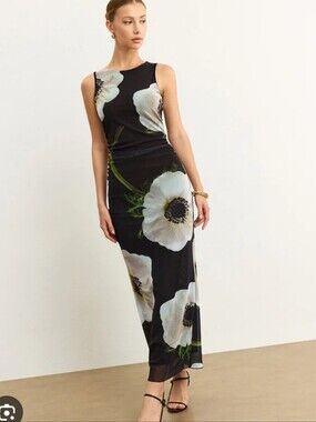NWT Commense Sleeveless Black Maxi Dress  White Floral Print Sheer XS 0 2 4
